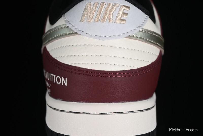 Louis Vuitton x Nike Dunk Low Customized Sneakers - Burgundy with Silver Swoosh SB Low Top Casual Skate Shoes - FC1688-188