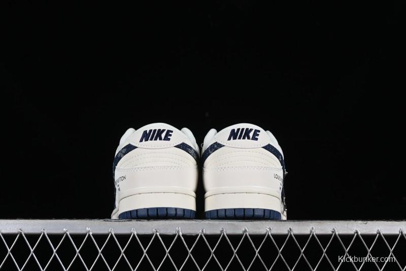 Nike SB Dunk Low LV Collaboration - Dark Blue Denim Anniversary High-End Custom Low-Top Casual Skate Shoes - XP3802-335
