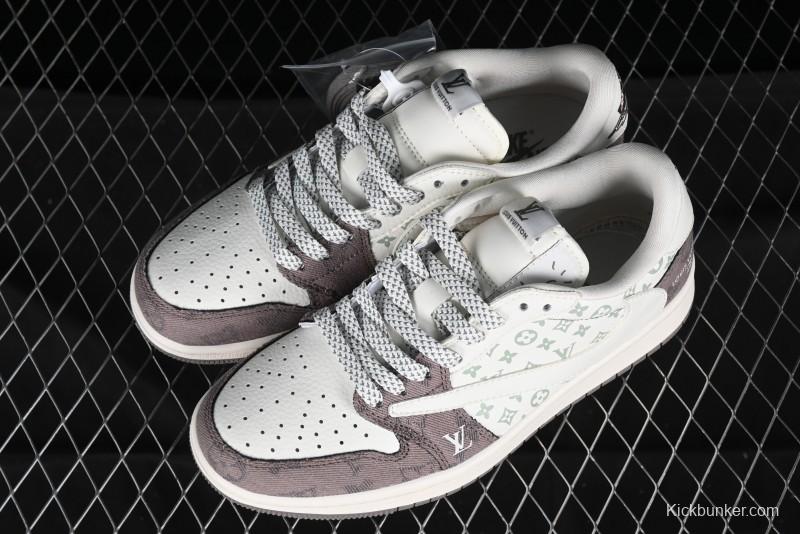 Nike Travis Scott x Fragment Design x Air Jordan 1 Low OG SP AJ1 LV Collaboration Light Grey Denim Low-Top Casual Sneakers - SJ2068-105