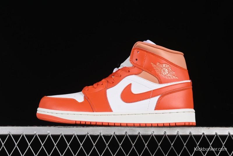 Nike Air Jordan 1 Mid Basketball Shoes in White and Orange Colorway - BQ6472-108