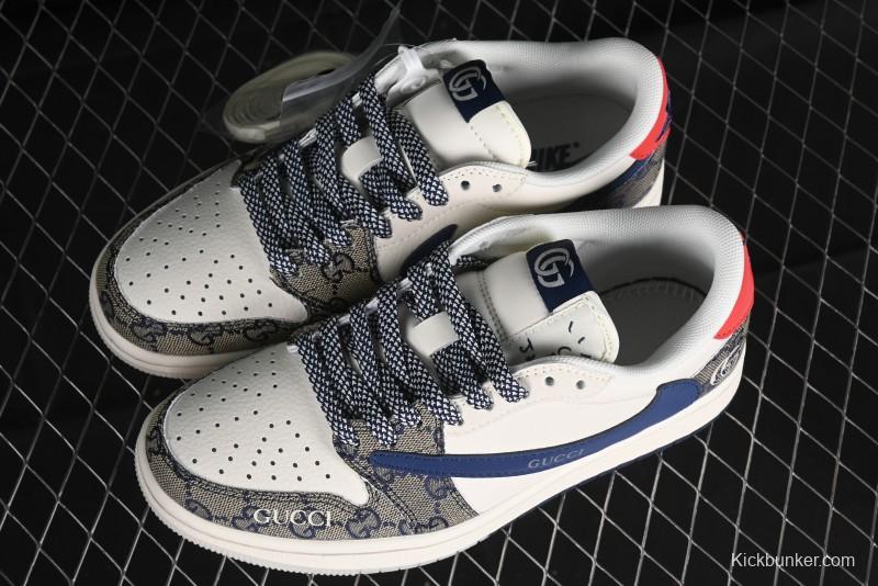 Nike Travis Scott x Fragment Design x Air Jordan 1 Low OG SP AJ1 Gucci Collaboration - Silver Logo Blue Swoosh Low Top Casual Sneakers - XY2688-118