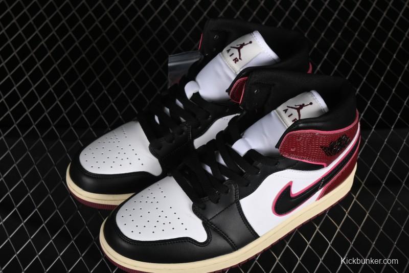 Nike Air Jordan 1 Mid AJ1 Snake Print Black Red Toe Mid-Top Basketball Shoes - FQ7818-101
