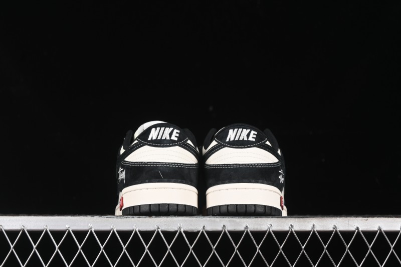 Nike SB Dunk Low Supreme x Stussy Triple Collaboration - Black White Black Swoosh Anniversary Custom Low Top Casual Skate Shoes - SJ2068-300