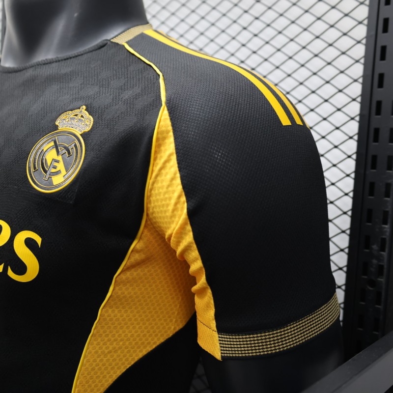 Player Version 25/26 Real Madrid Black with Gold Accents and Emirates Sponsor Jersey