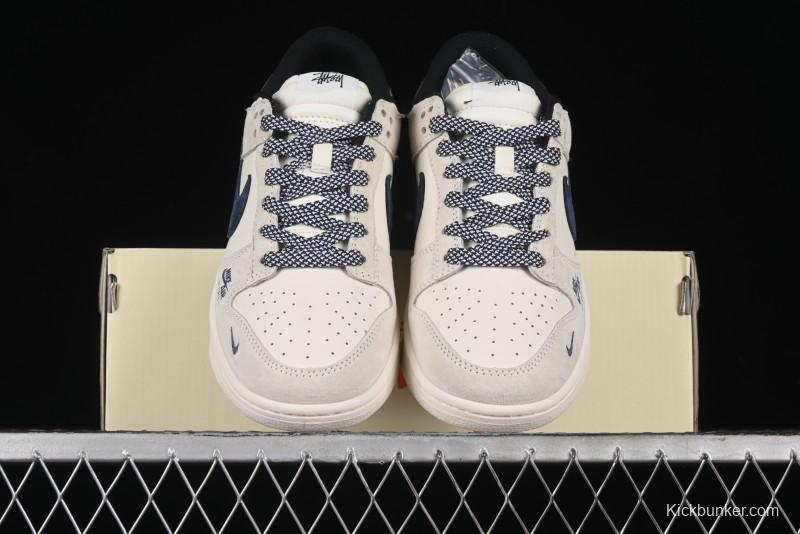Nike SB Dunk Low Supreme x Stussy Triple Collaboration - Off White Navy Swoosh Anniversary Custom Low-Top Casual Sneakers - SJ2068-301