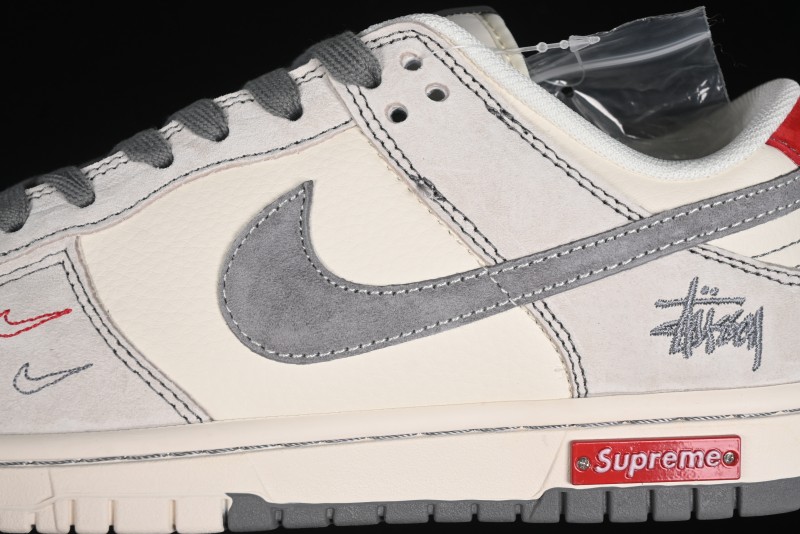 Nike SB Dunk Low Stussy Collaboration - Embroidered Grey Swoosh Anniversary Custom Low-Top Casual Sneakers - MM1089-033
