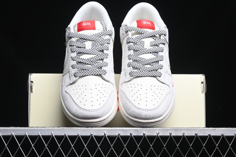 Nike SB Dunk Low Stussy Collaboration - Patchwork Grey White Swoosh Anniversary Custom Low-Top Casual Sneakers - YX5066-218