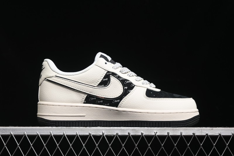 Nike Air Force 1 '07 Low Stussy Collaboration - Black Sail Silver Swoosh Casual Sneakers - XZ6188-729