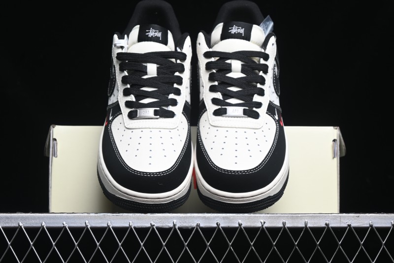 Nike Air Force 1 '07 Low Stussy Collaboration - Black White Mini Swoosh Low-Top Casual Sneakers - SJ6698-010