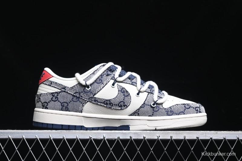 Nike SB Dunk Low Gucci Collaboration - Beige Black Jacquard Swoosh Anniversary High-End Custom Low-Top Casual Sneakers - YX5066-216