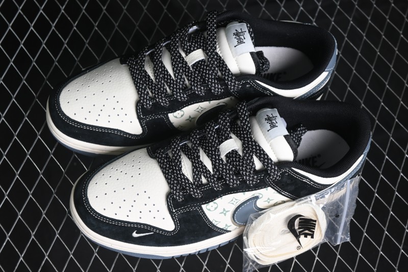 Nike SB Dunk Low Stussy Collaboration - Black White Print Anniversary Custom Low-Top Casual Sneakers - XX3168-212