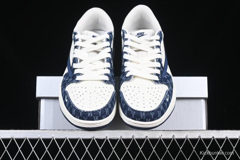 Nike Travis Scott x Fragment Design x Air Jordan 1 Low OG SP AJ1 MLB Collaboration White Blue Denim Low-top Casual Sneakers - DM7866-051