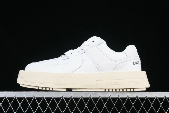 Choco Concert Leather Round Square Asymmetrical Fashion Sneakers White - AJE5