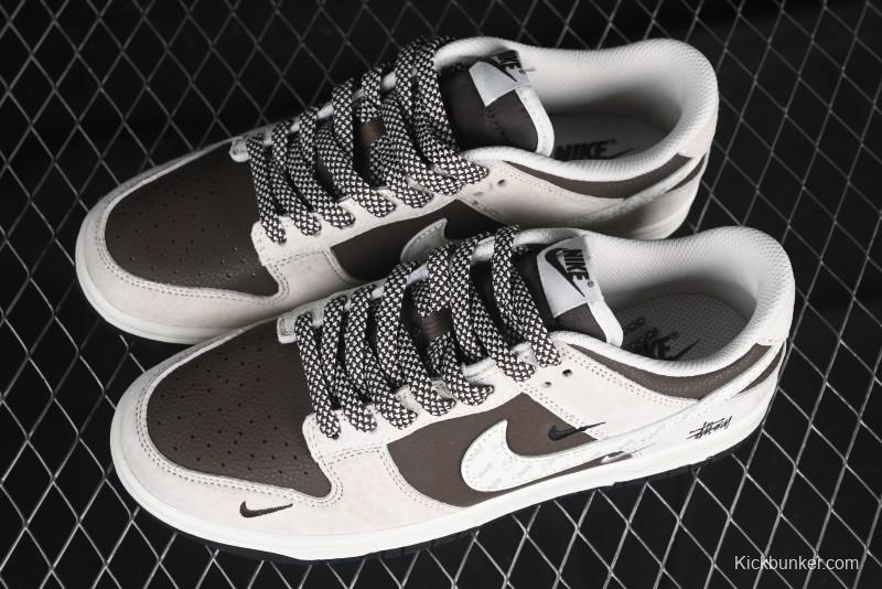 Nike SB Dunk Low Stussy Collaboration Brown Leather Swoosh Anniversary Custom Low-Top Casual Sneakers - DJ2024-062