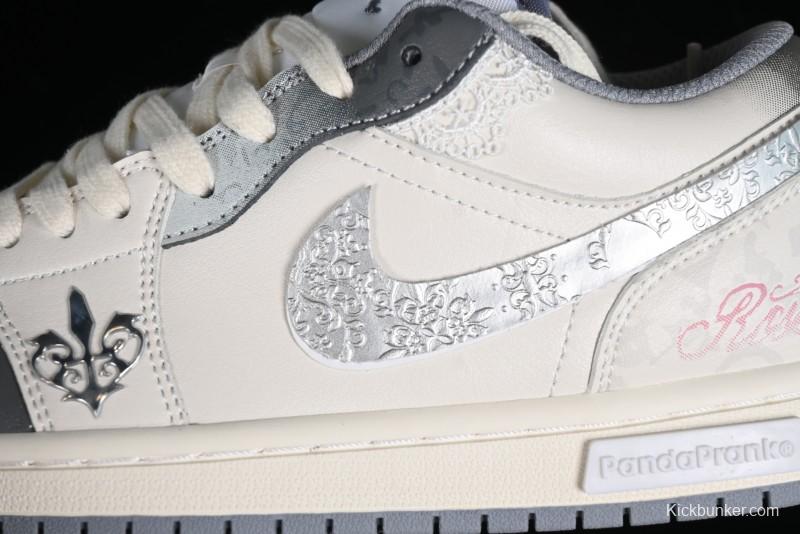 Nike Air Jordan 1 Low AJ1 Panda Prank Modern Gray Floral Low-Top Casual Sneakers - 553560-053