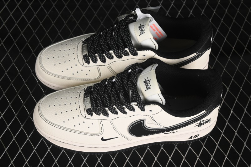 Nike Air Force 1'07 Low Stussy Collaboration Black Swoosh Casual Sneakers - HH7518-059