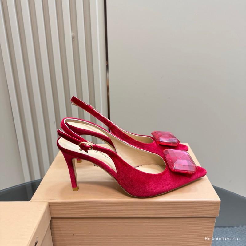 2025 Women Gianvito Rossi Red Velvet Slingback Pumps KFY00300