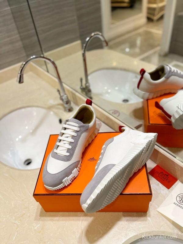 2024 Unisex Hermès White Grey Silk Leather Sneakers MJ00320