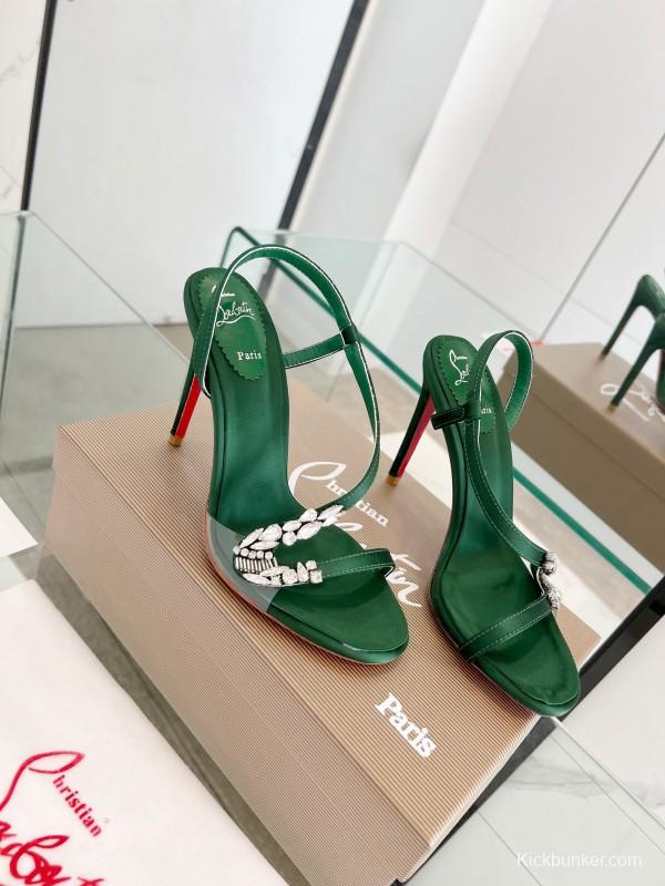 2025 Women Christian Louboutin Green Silk High Heel Crystal Sandal LY00300