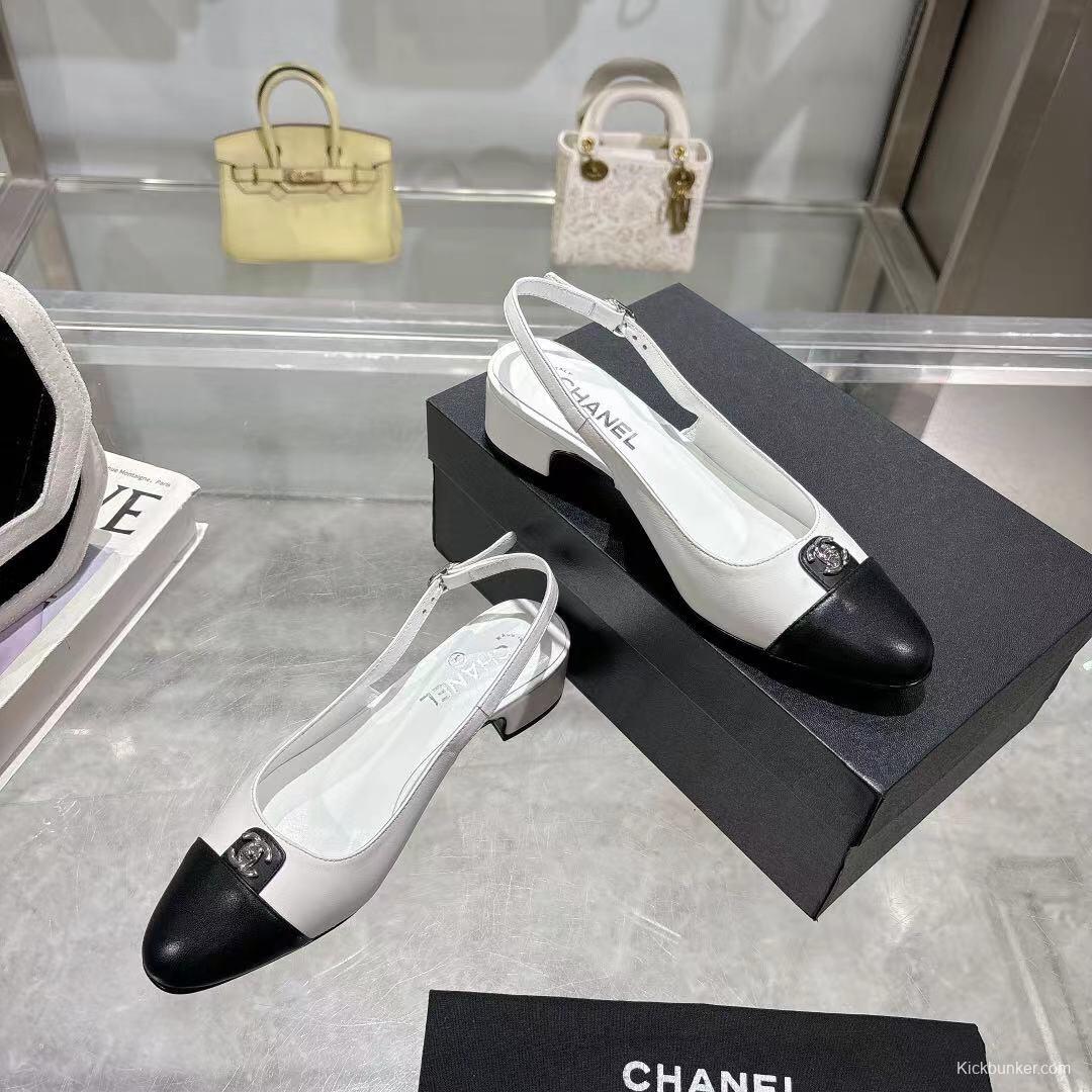 2025 Women Chanel White Black Leather Slingback Heels LY00300