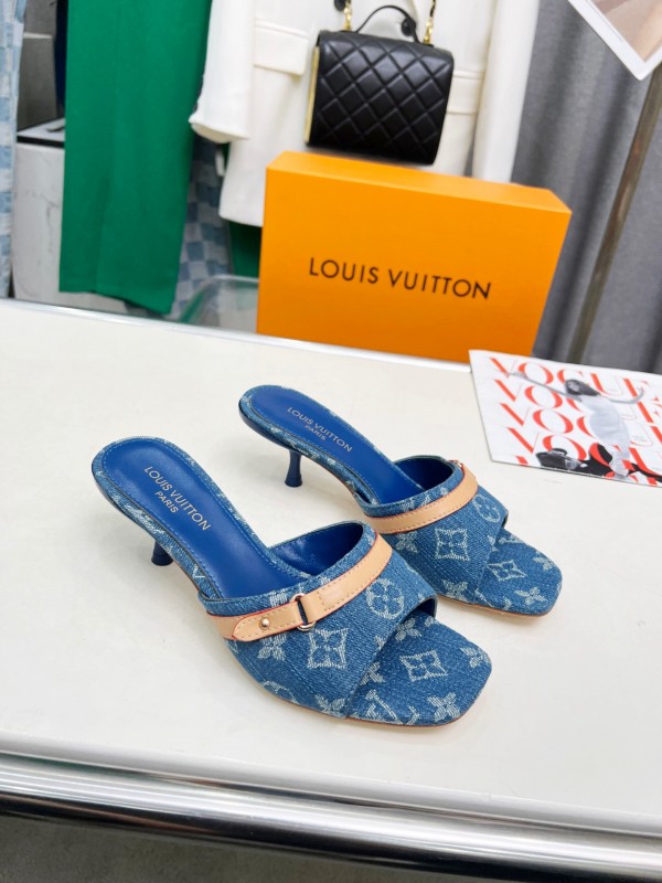 2025 Women Louis Vuitton Denim Blue Leather Heeled Sandals LY00260