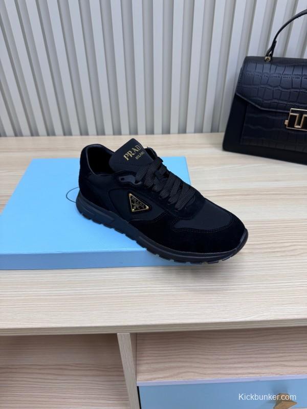 2025 Women Prada Black Suede Nylon Sneakers LY00300