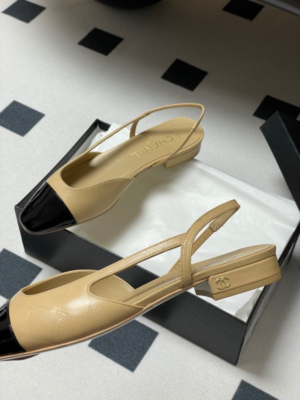 2025 Women Chanel Beige Black Leather Sling-back Flat Heel