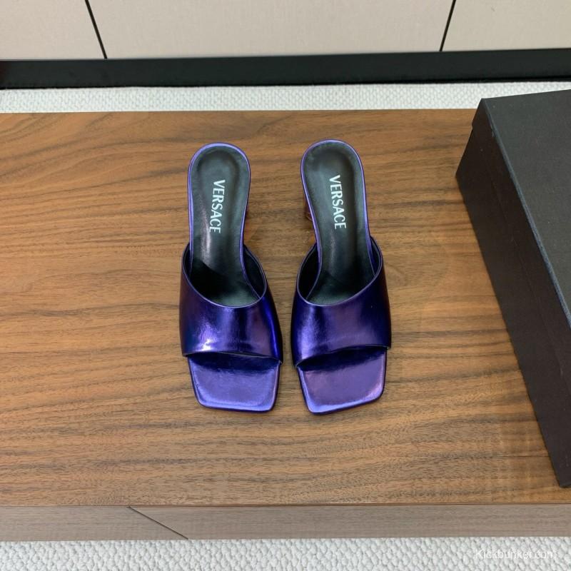 2025 Women VERSACE Purple Leather Slippers