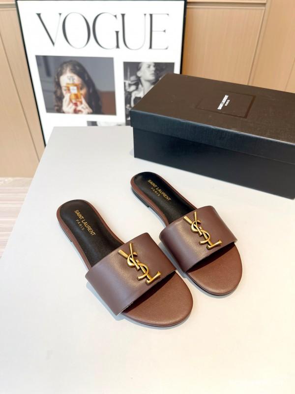 2025 Women Yves Saint Laurent Brown Leather Slippers LY00180