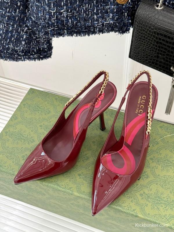 2025 Women Gucci Burgundy Patent Leather Slingback Chain High Heel KFY00300