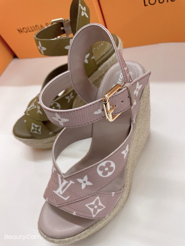2025 Women Louis Vuitton Brown Beige Canvas Leather Wedge Sandals MJ00280