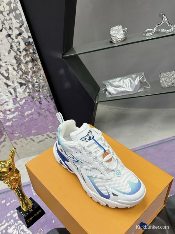 2025 Men Louis Vuitton Blue White Mesh Leather Sneakers MJ00420
