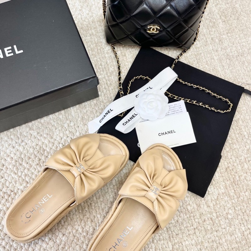 2025 Women Chanel Beige Leather Slippers Bow KFY00310