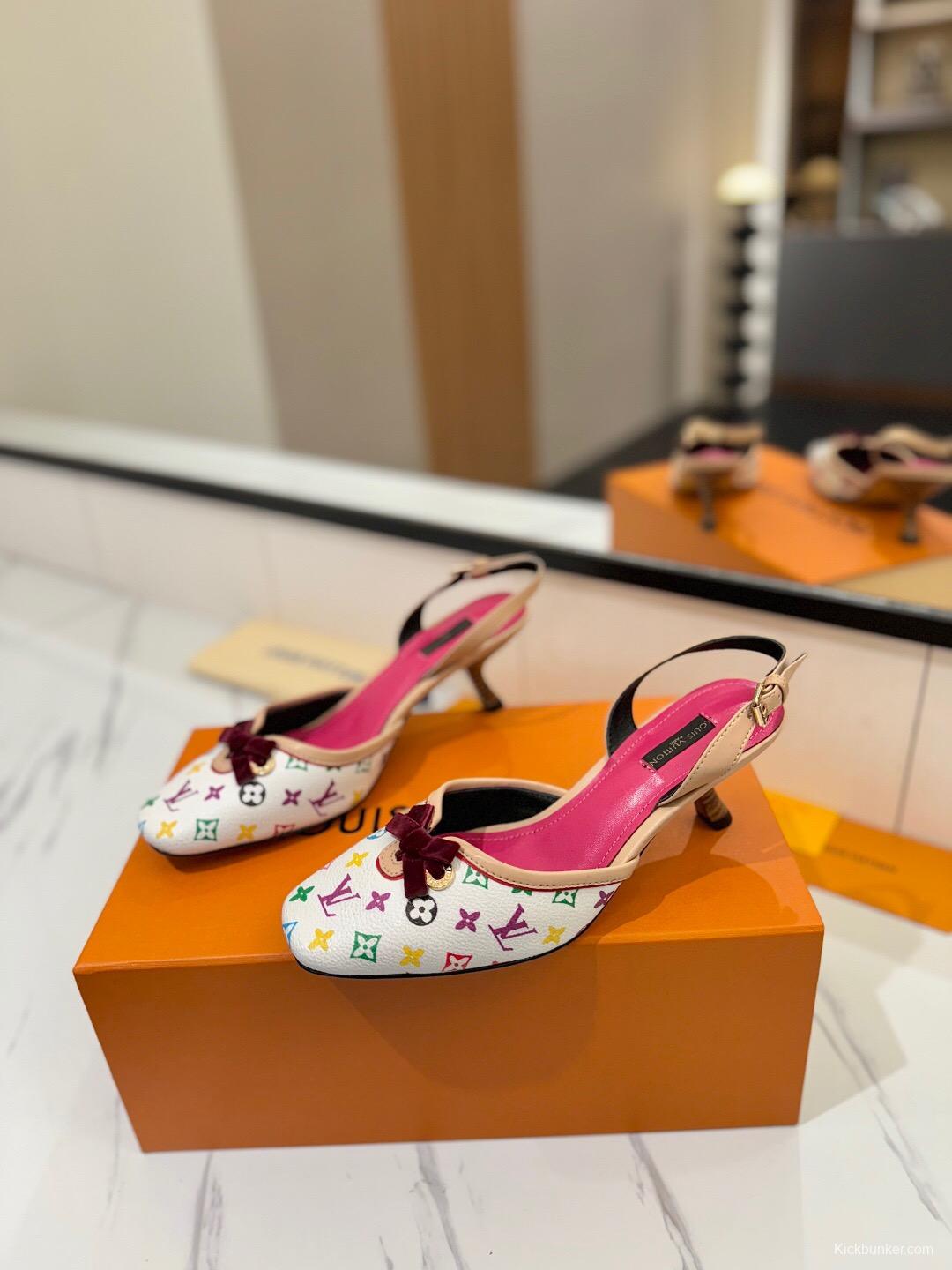 2025 Women Louis Vuitton White Multicolor Canvas Slingback Heels KFY00310