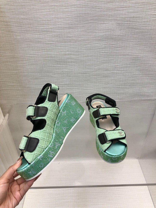 2025 Slippers Chanel Mint Green Textile Platform Sandals LY00330