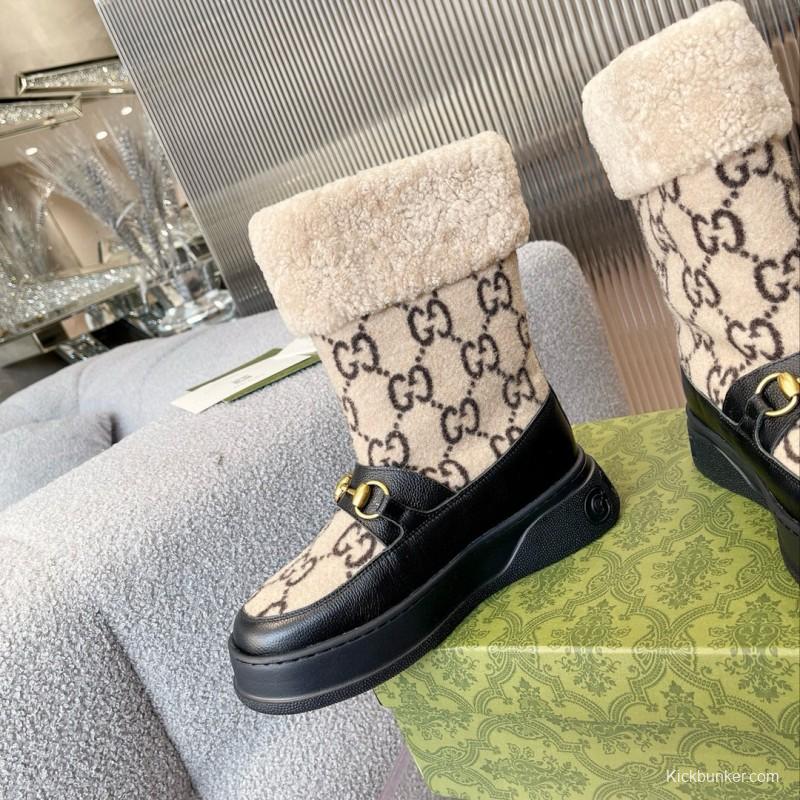 2024 Women Gucci beige black leather shearling snow boots MJ00420