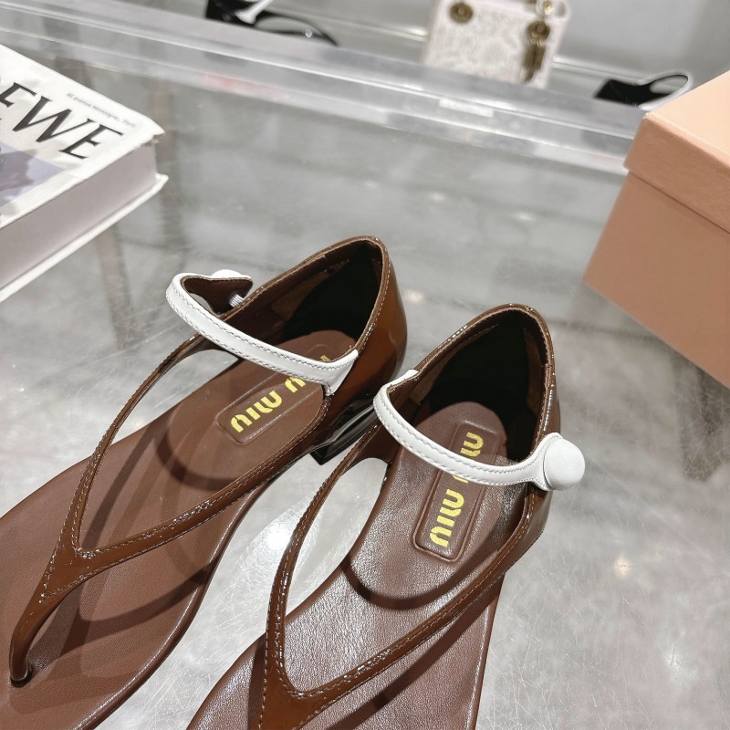 2025 Women Miu Miu Brown Leather T-Strap Flat Sandals KFY00289(F)