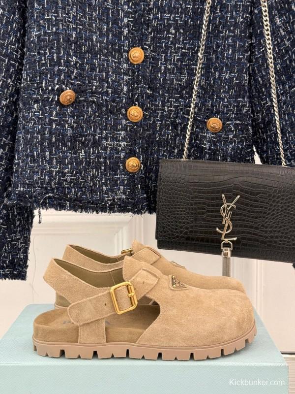 2025 Women Prada Beige Suede Sandals