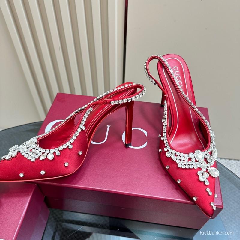 2025 Women Gucci Red Silk Rhinestone Embellished Heels KFY00340