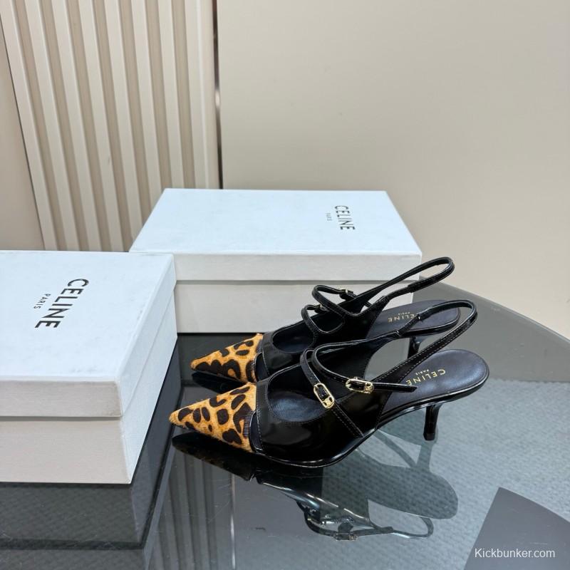 2025 Women Celine Leopard Black Patent Leather Slingback Heels
