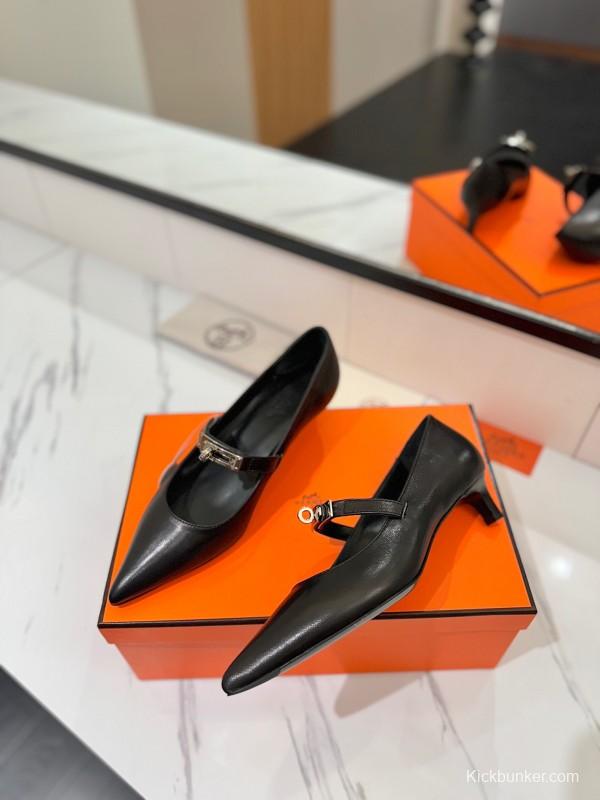 2025 Women Hermès Black Calfskin Leather Mary Jane 4cm Heel KFY00330