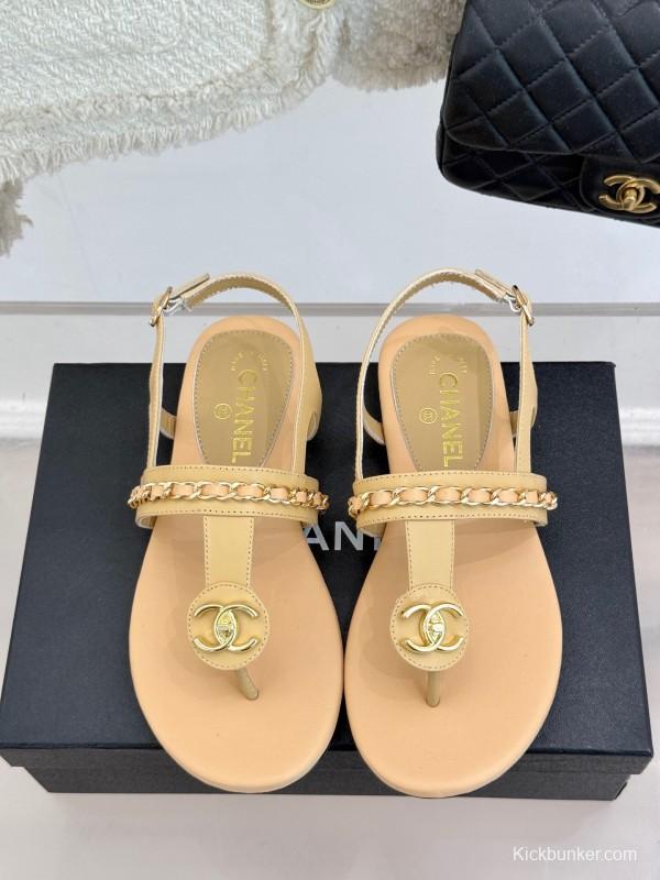 2025 Women Chanel Apricot Leather Sandals KFY00250