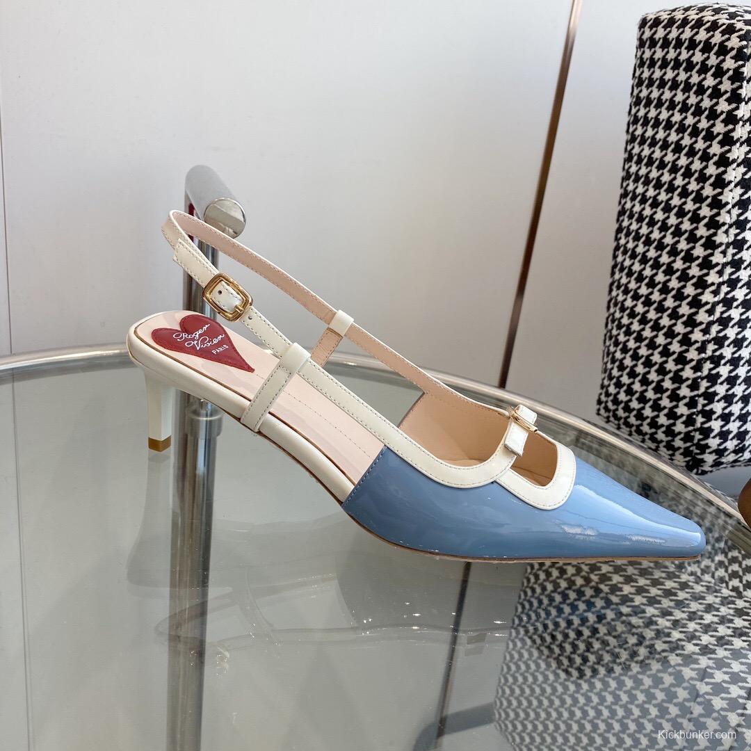 2025 Women Roger Vivier Blue White Patent Leather Slingback Pumps KFY00340