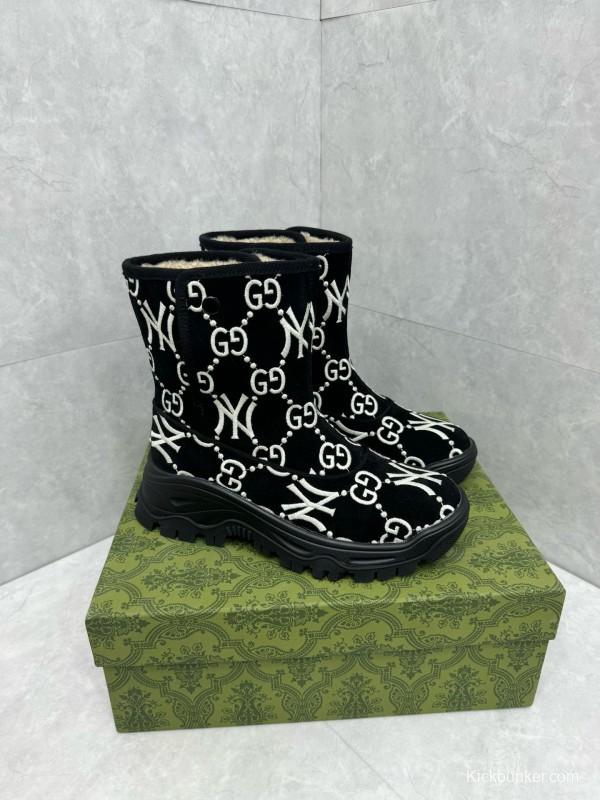 2024 Women Gucci Black White Suede Snow Boots GG NY Embroidery MJ00370