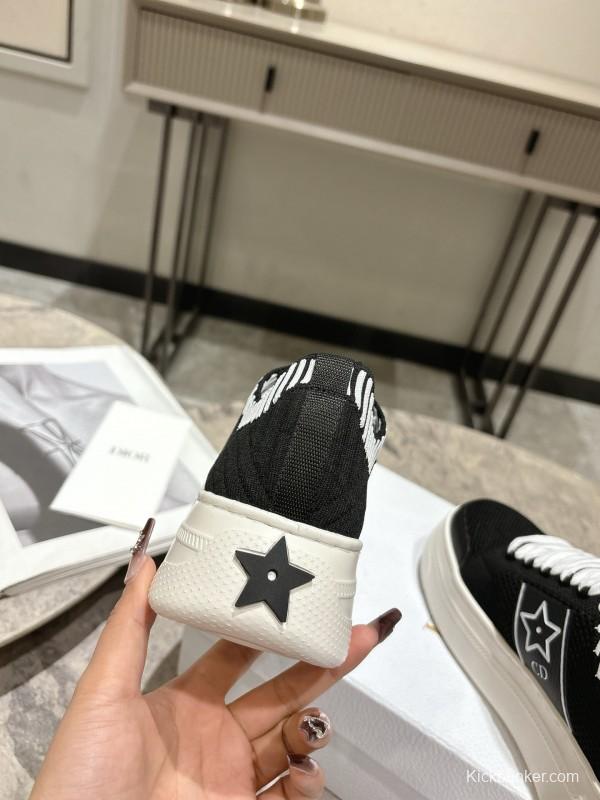 2025 Women Dior Black White Knit Leather Platform Sneakers KFY00330