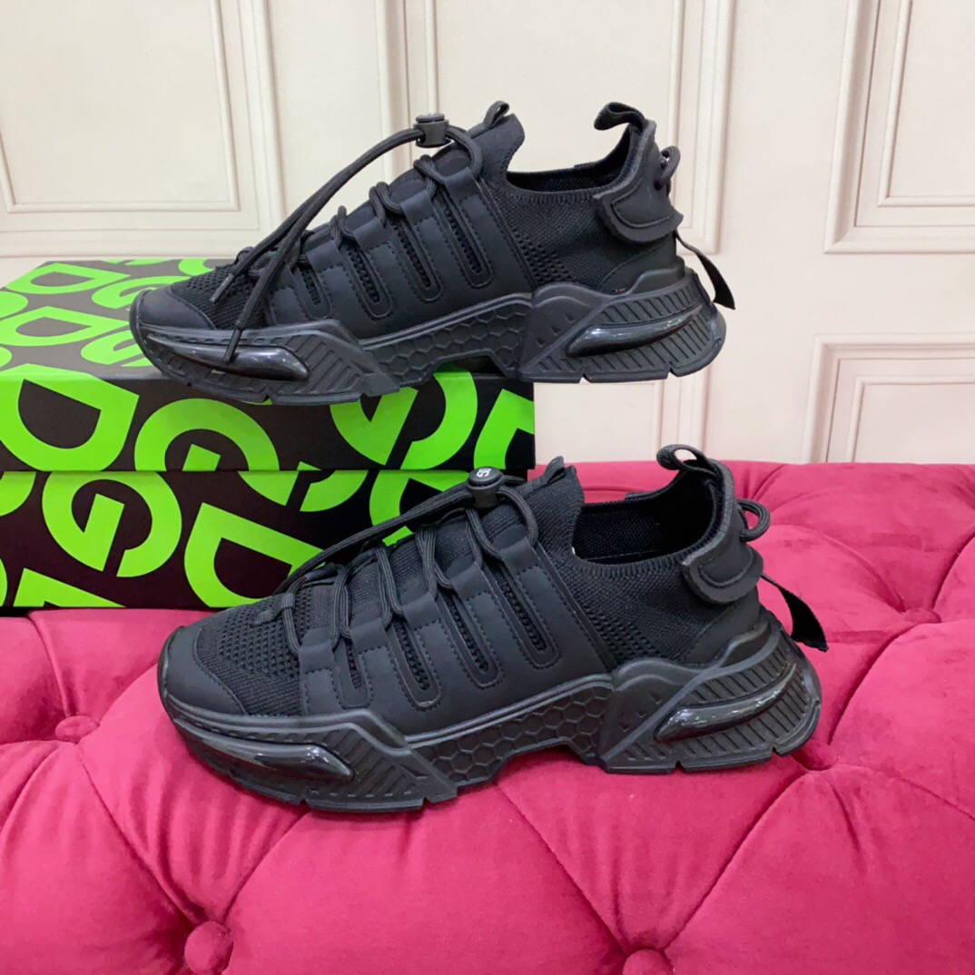 2025 Unisex Dolce & Gabbana Black Leather Knit Sneakers LY00340