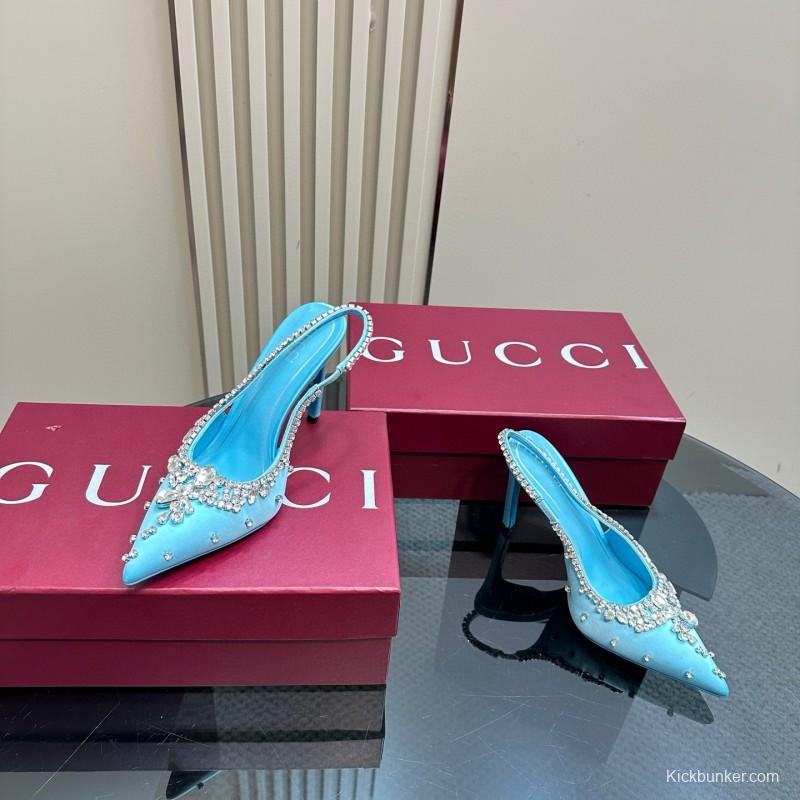 2025 Women Gucci Blue Silk Crystal Embellished Slingback Pumps MJ00340