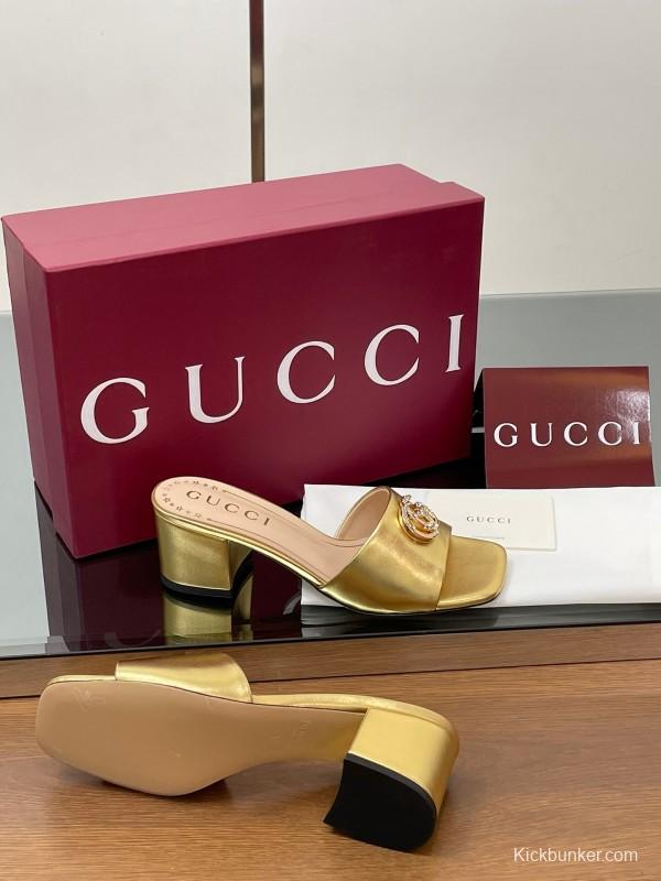 2025 Women Gucci Gold Leather Mules Block Heel