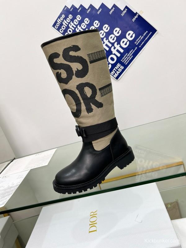 2024 Women Dior black beige leather canvas boots MJ00350