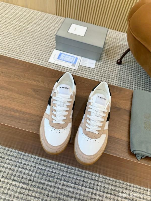 2025 Unisex TOM FORD White Black Beige Leather Suede Sneakers LY00360